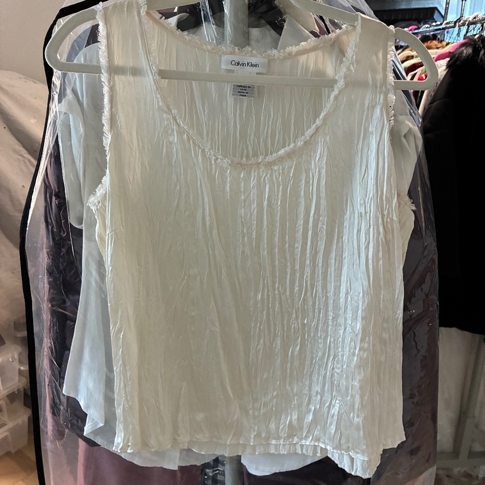 Winter White Calvin Klein Crinkle Silk Shell Tank Lightweight